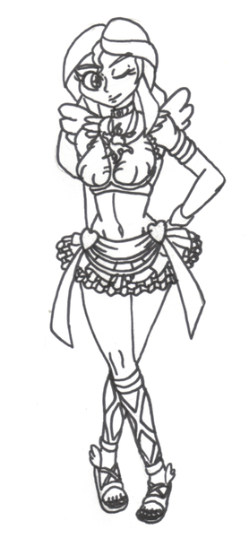 Size: 417x900 | Tagged: anarchy panty, artist:eradose, belly button, cosplay, derpibooru import, humanized, lineart, midriff, monochrome, panty and stocking with garterbelt, safe, solo, sunset shimmer