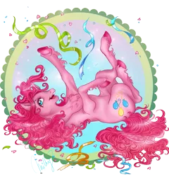 Size: 1571x1639 | Tagged: safe, artist:cigarscigarettes, derpibooru import, part of a set, pinkie pie, earth pony, pony, chest fluff, female, mare, on back, simple background, solo, streamers, transparent background, unshorn fetlocks