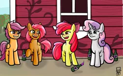 Size: 1272x787 | Tagged: apple bloom, artist:mangameister, babs seed, blushing, cutie mark crusaders, derpibooru import, drunk, drunkaloo, drunker babs, drunker belle, drunker bloom, drunker cmc, drunkie belle, safe, scootaloo, sweetie belle, underaged drinking