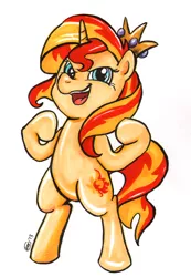 Size: 1024x1483 | Tagged: safe, artist:detectivetoony, derpibooru import, sunset shimmer, pony, unicorn, bipedal, crown, jewelry, regalia, solo