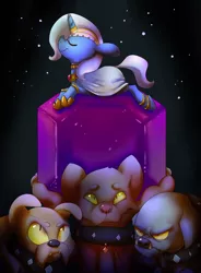 Size: 1080x1466 | Tagged: anklet, annoyed, artist:batlover800, carrying, clothes, derpibooru import, diamond dog, dress, fido, floppy ears, frown, gem, hilarious in hindsight, jewelry, necklace, nose wrinkle, prone, rover, safe, smiling, spot, trixie