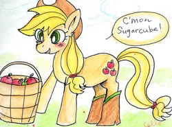 Size: 800x592 | Tagged: apple, applejack, artist:charmyamber, basket, boots, derpibooru import, pixiv, safe, solo