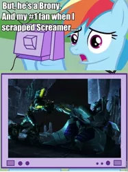 Size: 600x804 | Tagged: beast hunters, brony megatron, bumblebee, death, derpibooru import, exploitable meme, megatron, meme, obligatory pony, rainbow dash, safe, transformers, transformers prime, tv meme