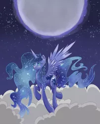 Size: 1100x1359 | Tagged: safe, artist:nalenthi, derpibooru import, princess luna, cloud, cloudy, moon, night, solo