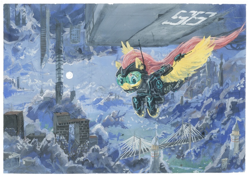 Size: 6620x4680 | Tagged: safe, artist:quiet-victories, derpibooru import, fluttershy, pegasus, pony, absurd resolution, armor, badass, badass adorable, city, cityscape, cloud, cute, female, flutterbadass, flying, gouache, hmd, science fiction, solo, traditional art, visor