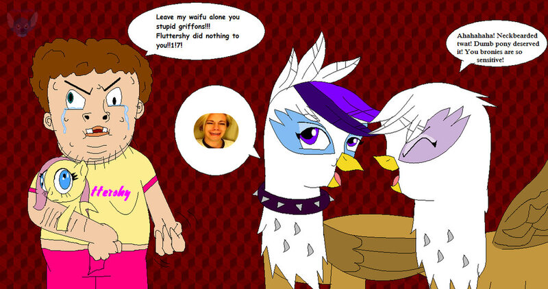 Size: 1024x540 | Tagged: questionable, artist:stitchlovergirl96, derpibooru import, fluttershy, gilda, oc, gryphon, brony, bullying, caricature, chris crocker, crying, fat, gilda drama, hater, leave britney alone, neckbeard, stereotype, waifu