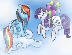 Size: 900x700 | Tagged: artist:darkvioletcloud, balloon, cloud, cloudy, derpibooru import, female, lesbian, rainbow dash, raridash, rarity, safe, shipping