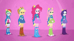 Size: 640x360 | Tagged: safe, artist:fangz17, derpibooru import, screencap, applejack, fluttershy, pinkie pie, rainbow dash, rarity, equestria girls, equestria girls (movie), animated, clothes, dancing, fake ears, helping twilight win the crown, humane five, looking at you, pony ears, wondercolts, wondercolts uniform