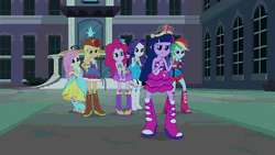 Size: 576x324 | Tagged: safe, derpibooru import, screencap, applejack, fluttershy, pinkie pie, rainbow dash, rarity, spike, sunset shimmer, twilight sparkle, dog, equestria girls, equestria girls (movie), animated, big crown thingy, boots, element of magic, fall formal outfits, gif, high heel boots, mane seven, mane six, spike the dog