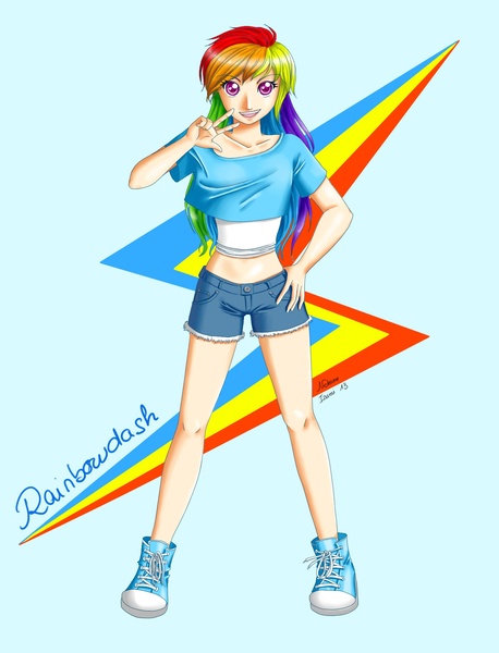 Size: 1395x1827 | Tagged: artist:nekomeizumi, clothes, converse, derpibooru import, humanized, rainbow dash, safe, shoes, solo