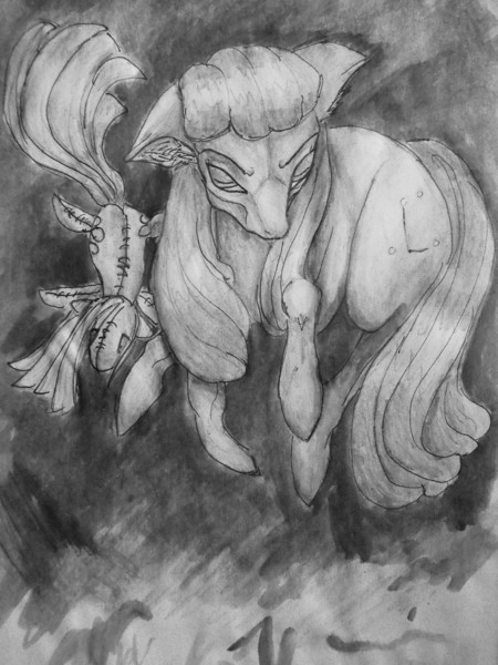 Size: 1280x1707 | Tagged: artist:sweetstrawberryblood, doll, grayscale, monochrome, oc, oc:cosmia nebula, pinkamena diane pie, pinkie pie, safe, traditional art