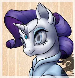 Size: 900x929 | Tagged: safe, artist:japandragon, derpibooru import, rarity, pony, unicorn, bust, clothes, dress, eyeshadow, female, jewelry, makeup, mare, portrait, smiling, solo