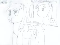 Size: 2209x1665 | Tagged: safe, artist:2shyshy, derpibooru import, derpy hooves, pegasus, pony, 30 minute art challenge, computer, female, mare, monochrome, muffin, obsession, simple background, traditional art, white background