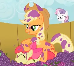 Size: 689x617 | Tagged: safe, derpibooru import, screencap, apple bloom, applejack, sweetie belle, earth pony, pony, unicorn, sisterhooves social, cropped, eyes closed, female, filly, mare, messy, out of context, tickling, working