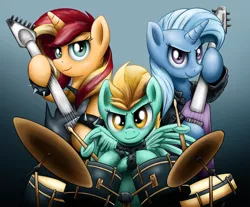 Size: 1024x847 | Tagged: dead source, safe, artist:xioade, derpibooru import, lightning dust, sunset shimmer, trixie, pegasus, pony, unicorn, antagonist, band, drums, guitar, metal, musical instrument, wing hands