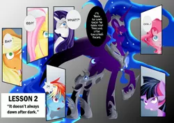 Size: 2202x1558 | Tagged: applejack, artist:0ryomamikado0, comic, derpibooru import, dusk shine, fluttershy, mane six, nightmare moon, pinkie pie, rainbow dash, rarity, rule 63, safe, the unexpected love life of dusk shine, twilight sparkle