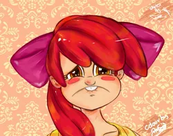 Size: 1413x1115 | Tagged: apple bloom, artist:frankaraya, artist:prodigymysoul, blushing, bucktooth, call of the cutie, derpibooru import, frown, humanized, lip bite, looking at you, puppy dog eyes, sad, safe, scene interpretation, solo