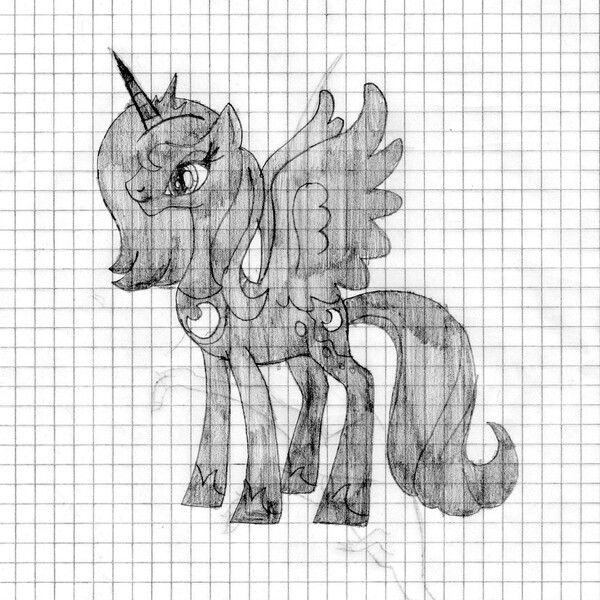 Size: 1810x1809 | Tagged: safe, artist:dino-mario, derpibooru import, princess luna, pony, filly, graph paper, monochrome, s1 luna, sketch, solo, traditional art, woona