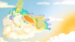 Size: 1052x588 | Tagged: artist:venushound, cloud, cloudy, derpibooru import, magic, princess celestia, safe, solo