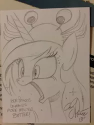 Size: 768x1024 | Tagged: safe, artist:andypriceart, derpibooru import, princess celestia, bronycon, crab hat, solo, traditional art