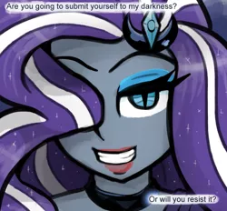 Size: 700x650 | Tagged: safe, artist:livesmutanon, derpibooru import, nightmare rarity, human, equestria girls, /mlp/, bedroom eyes, choker, close-up, eyeshadow, female, grin, humanized, lipstick, looking at you, makeup, smiling, solo