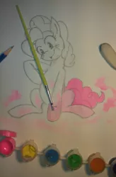 Size: 720x1100 | Tagged: artist:janji009, derpibooru import, fourth wall, paint, paintbrush, partial color, photo, pinkie pie, safe, solo, traditional art