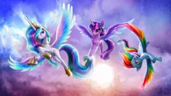 Size: 1485x837 | Tagged: safe, artist:bjpentecost, derpibooru import, princess celestia, rainbow dash, twilight sparkle, twilight sparkle (alicorn), alicorn, pony, bandage, cloud, cloudy, colored wings, colored wingtips, female, flying, injured, mare, multicolored wings, photoshop, rainbow feathers, sky, smiling, spread wings, sun, upside down, wings