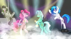 Size: 1500x842 | Tagged: safe, derpibooru import, lyra heartstrings, octavia melody, pinkie pie, vinyl scratch, earth pony, pony, unicorn, beer, bipedal, blushing, drunk, female, glowstick, mare, pole dancing, rave, record, stripper pole