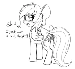Size: 750x684 | Tagged: safe, artist:mewball, derpibooru import, rainbow dash, blushing, bow, cute, dashabetes, embarrassed, looking back, monochrome, open mouth, rainbow dash always dresses in style, solo, tail bow, tsundere