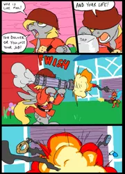 Size: 697x967 | Tagged: safe, artist:metal-kitty, derpibooru import, big macintosh, derpy hooves, earth pony, pegasus, pony, bipedal, comic, death, derpy soldier, explosion, female, gun, heavy, heavy mac, male, mare, meet the soldier, rocket launcher, soldier, stallion, team fortress 2, weapon