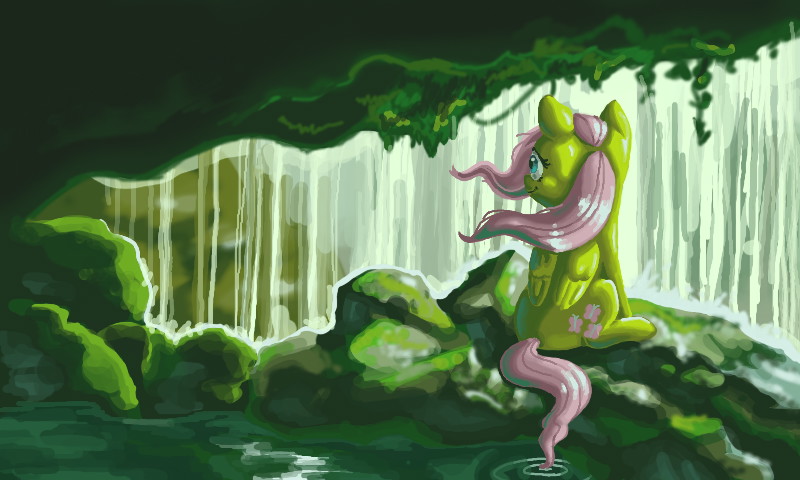 Size: 800x480 | Tagged: safe, artist:shira-kaeru, derpibooru import, fluttershy, sitting, solo, water