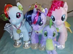 Size: 1233x916 | Tagged: safe, derpibooru import, pinkie pie, rainbow dash, spike, twilight sparkle, twilight sparkle (alicorn), alicorn, pony, build-a-bear, irl, medal, photo, plushie, spike plushie