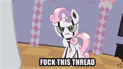 Size: 298x167 | Tagged: safe, artist:niggerfaggot, derpibooru import, edit, sweetie belle, pony, robot, unicorn, /mlp/, 4chan, animated, badass, female, filly, foal, gif, hooves, horn, image macro, impact font, open mouth, reaction image, solo focus, sweetie bot, talking, teeth, text, vulgar, weapon, youtube link
