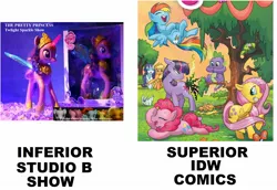 Size: 1886x1294 | Tagged: alicorn drama, applejack, artist:amanda conner, derpibooru import, drama, hilarious in hindsight, idw, pinkie pie, rainbow dash, rarity, safe, satire, spike, take that, text, twilight sparkle, twilight sparkle (alicorn)