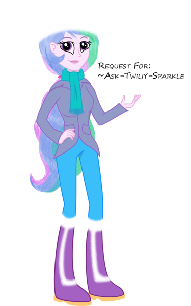 Size: 1848x2957 | Tagged: safe, artist:deannaphantom13, derpibooru import, princess celestia, equestria girls, clothes, principal celestia, scarf, simple background, snow, snowball, solo, text, transparent background, winter