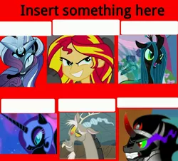 Size: 3969x3594 | Tagged: safe, derpibooru import, idw, discord, king sombra, nightmare moon, nightmare rarity, queen chrysalis, sunset shimmer, equestria girls, 6 pony meme, antagonist, exploitable meme, meme, template, text