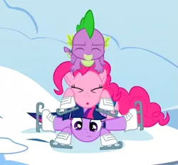 Size: 621x577 | Tagged: cropped, derpibooru import, eyes closed, ice skates, pile, pinkie pie, pinkiepieskitchen, pony pile, safe, screencap, snow, spike, twilight sparkle, winter, winter wrap up