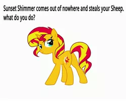 Size: 5000x4000 | Tagged: safe, derpibooru import, sunset shimmer, pony, sheep, bronybait, meme, solo, text, what do