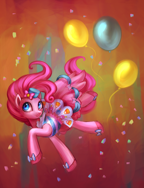 Size: 1529x2000 | Tagged: action pose, artist:nyarmarr, balloon, clothes, confetti, derpibooru import, dress, gala dress, pinkie pie, safe, solo