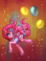 Size: 1529x2000 | Tagged: action pose, artist:nyarmarr, balloon, clothes, confetti, derpibooru import, dress, gala dress, pinkie pie, safe, solo