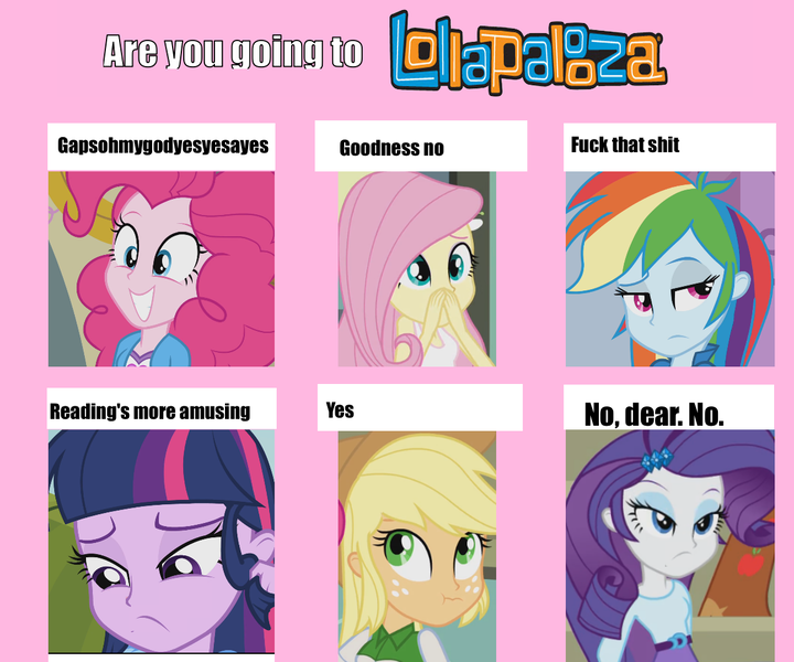 Size: 1200x1000 | Tagged: safe, derpibooru import, edit, applejack, fluttershy, pinkie pie, rainbow dash, rarity, twilight sparkle, equestria girls, 6 pony meme, exploitable meme, inverted mouth, liar face, liarjack, lollapalooza, mane six, meme, scrunchy face, vulgar