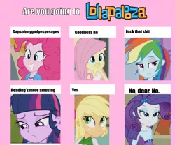 Size: 1200x1000 | Tagged: safe, derpibooru import, edit, applejack, fluttershy, pinkie pie, rainbow dash, rarity, twilight sparkle, equestria girls, 6 pony meme, exploitable meme, inverted mouth, liar face, liarjack, lollapalooza, mane six, meme, scrunchy face, vulgar