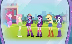 Size: 871x532 | Tagged: safe, artist:curtsibling, derpibooru import, applejack, fluttershy, pinkie pie, rarity, twilight sparkle, equestria girls, balloon, become an equestria girl, big crown thingy, boots, bracelet, clothes, cowboy boots, crown, high heel boots, jewelry, mane six, regalia, skirt