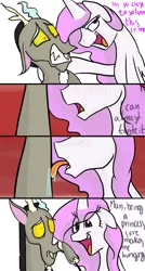 Size: 575x1075 | Tagged: safe, artist:riquis101, derpibooru import, discord, princess celestia, drool, floppy ears, frown, gritted teeth, hoof hold, licking, open mouth, parody, smiling, spongebob squarepants, the smoking peanut, tongue out, wide eyes