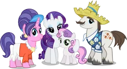 Size: 4154x2249 | Tagged: artist:vector-brony, clothes, cookie crumbles, cookieflanks, derpibooru import, earring, embrace, family, hondo flanks, looking at you, rarity, rarity's parents, safe, simple background, sweetie belle, transparent background, vector