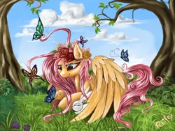 Size: 1600x1200 | Tagged: angel bunny, artist:daffydream, butterfly, cloud, cloudy, derpibooru import, floral head wreath, flower, fluttershy, nature, safe, scenery, solo, tree