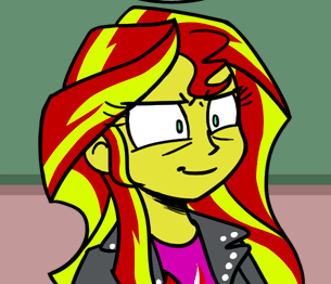 Size: 305x262 | Tagged: safe, artist:zicygomar, derpibooru import, sunset shimmer, equestria girls, antagonist, character request, cropped, reaction image, solo