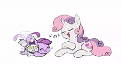 Size: 1122x603 | Tagged: alternate cutie mark, artist:carnifex, aunt and niece, derpibooru import, dracony, foalsitter, hybrid, interspecies offspring, oc, oc:lavender, offspring, older, opalescence, parent:rarity, parent:spike, parents:sparity, safe, singing, sweetie belle, tail wag