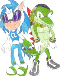 Size: 2299x2889 | Tagged: anthro, artist:bluespeedsfan92, crossover, crossover shipping, derpibooru import, female, interspecies, love, male, plantigrade anthro, request, safe, shipping, sonicified, sonic the hedgehog (series), straight, style emulation, traditional art, vector the crocodile, vectorvinyl, vinyl scratch
