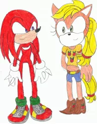 Size: 2475x3149 | Tagged: anthro, applejack, appleknux, artist:bluespeedsfan92, crossover, crossover shipping, derpibooru import, female, interspecies, knuckles the echidna, love, male, plantigrade anthro, safe, shipping, sonicified, sonic the hedgehog (series), straight, style emulation, traditional art